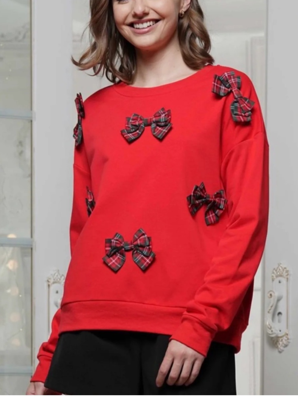 Why Dress NEW The Carroll Top in Touch of Plaid Red Sweatshirt Holiday Bows XL